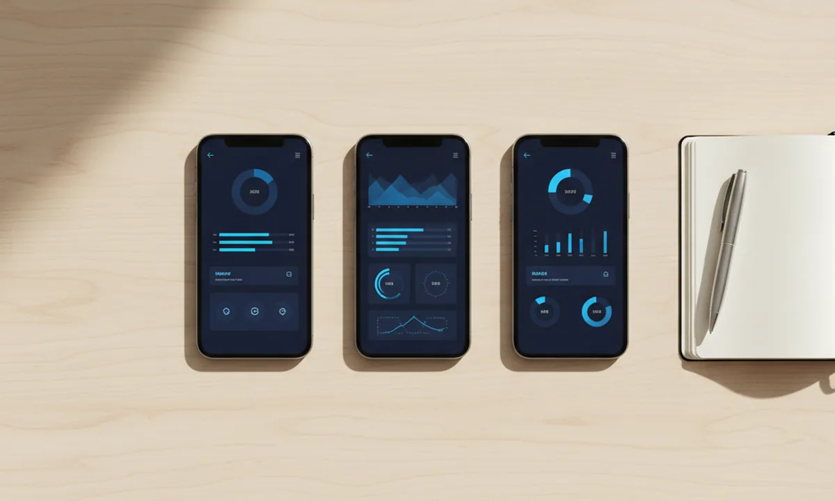 Moderne desk met drie smartphones die dashboards tonen voor providervergelijking