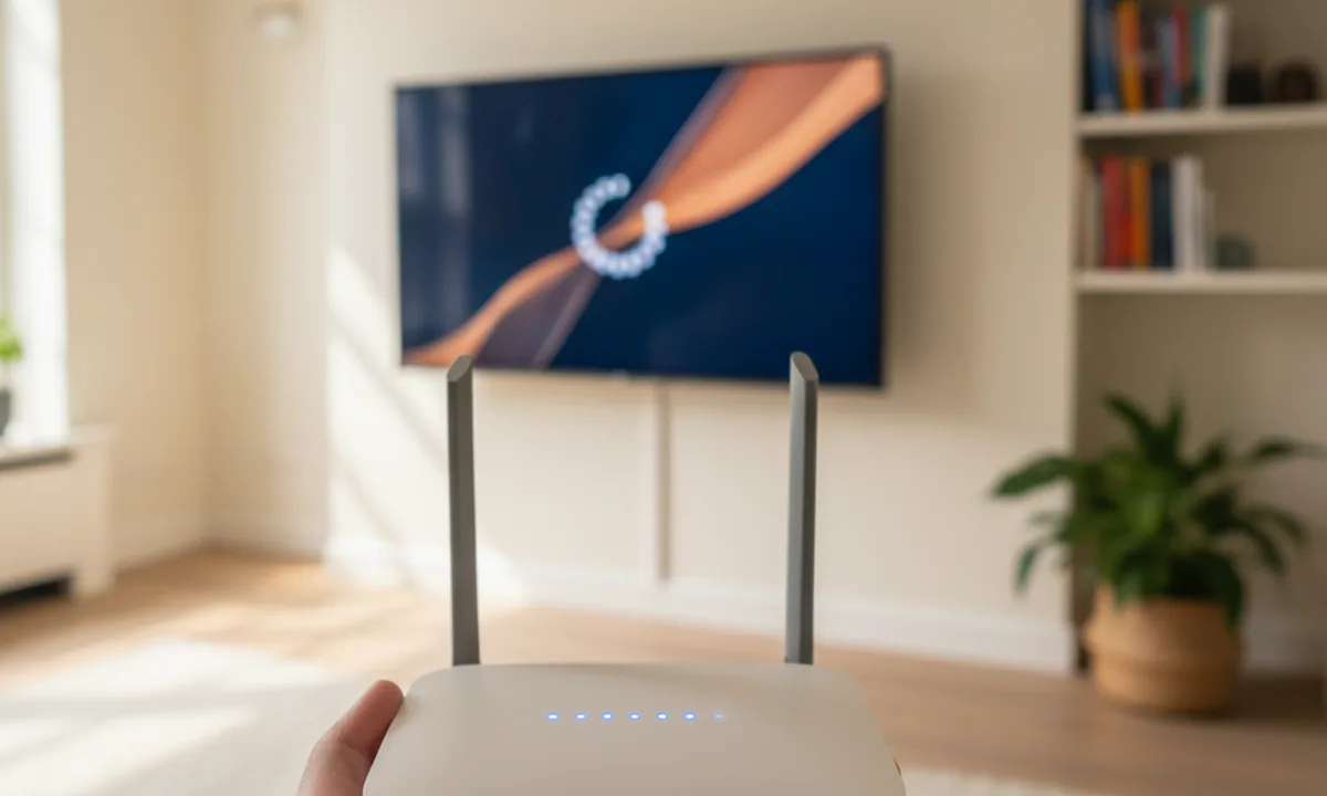 Hand met router en smart tv op achtergrond bij buffering troubleshooting