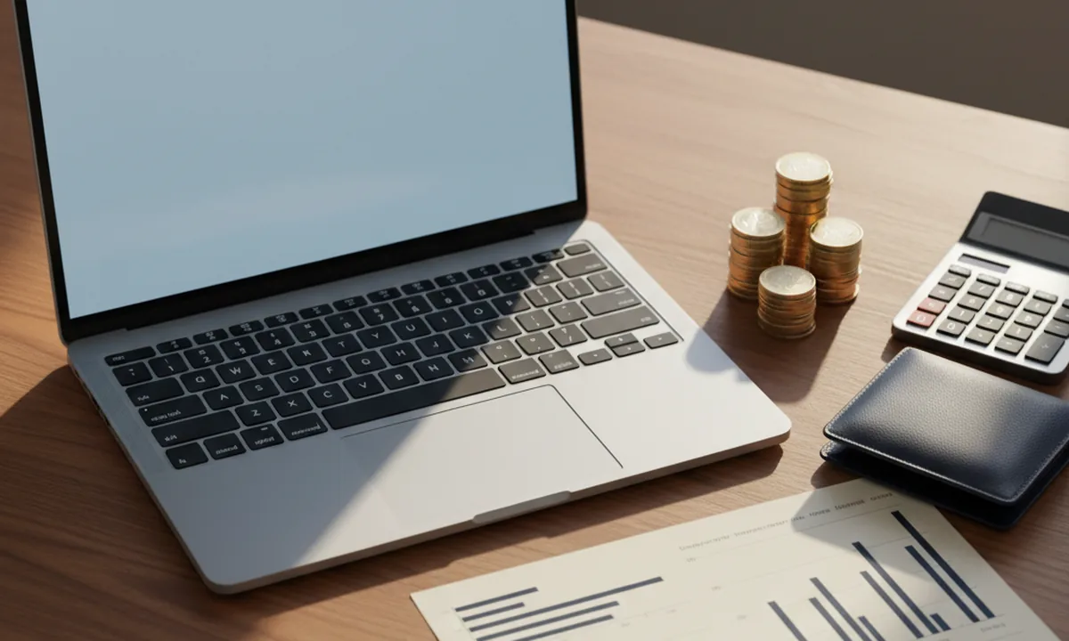 Laptop met euromunten en rekenmachine voor IPTV-kostenanalyse
