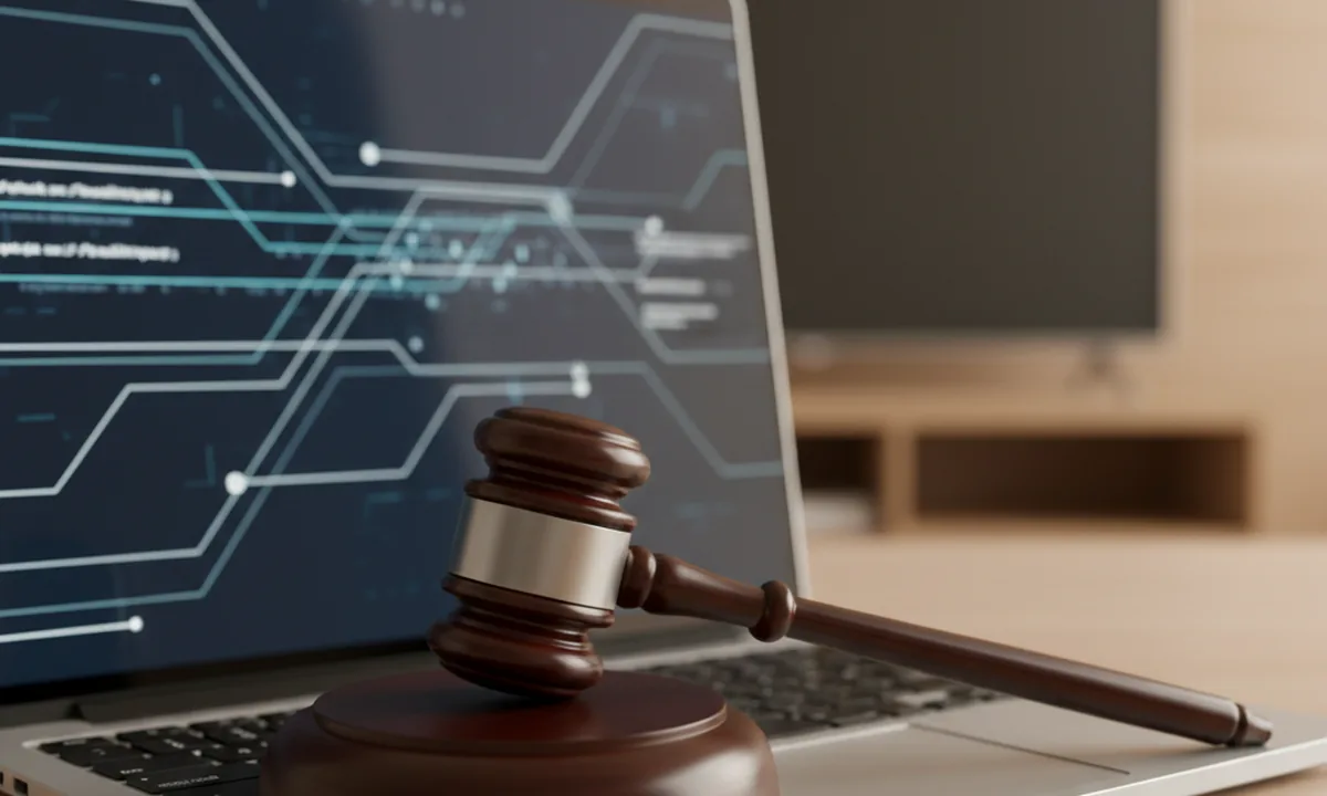 Rechter-hamer op laptop toetsenbord met juridische IPTV-context