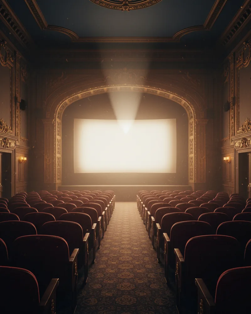 Cinematische bioscoopzaal met rood velours stoelen