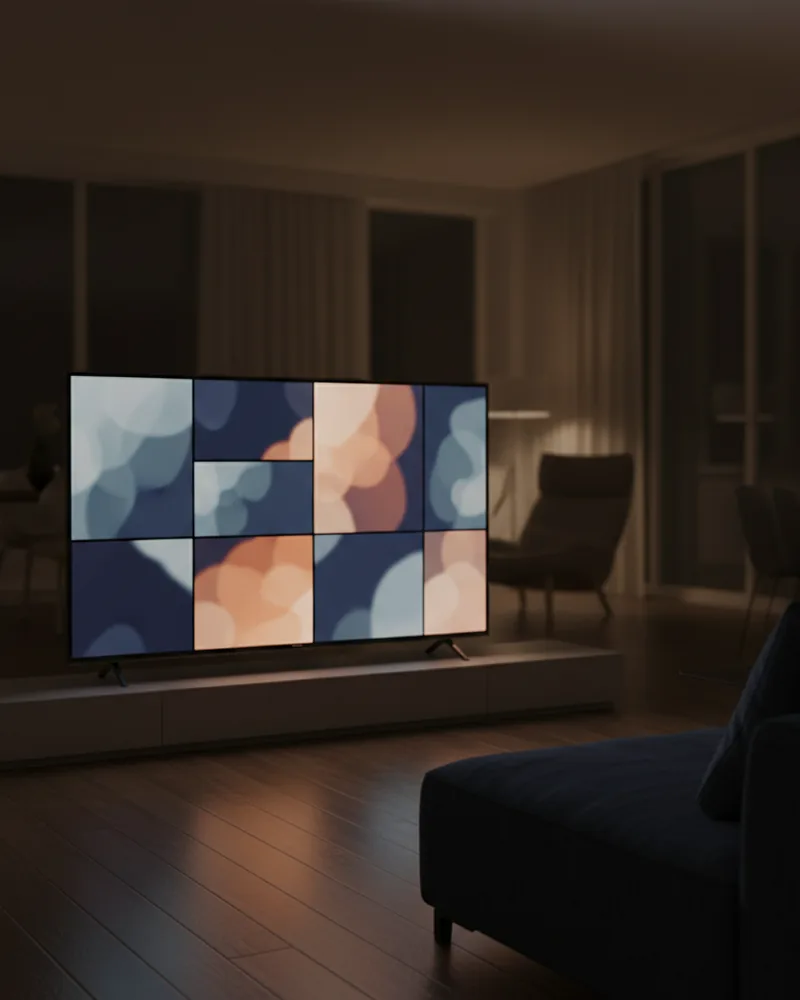 Moderne woonkamer s nachts met smart tv die een seriegrid toont