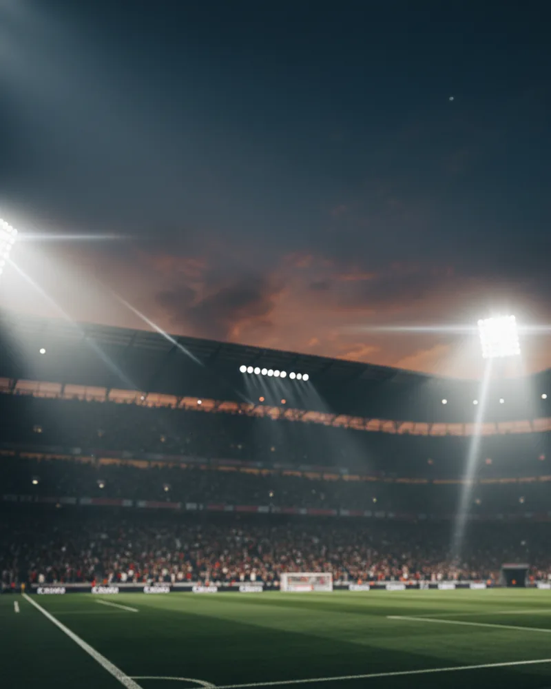 Voetbalstadion bij nacht met floodlights en vol publiek