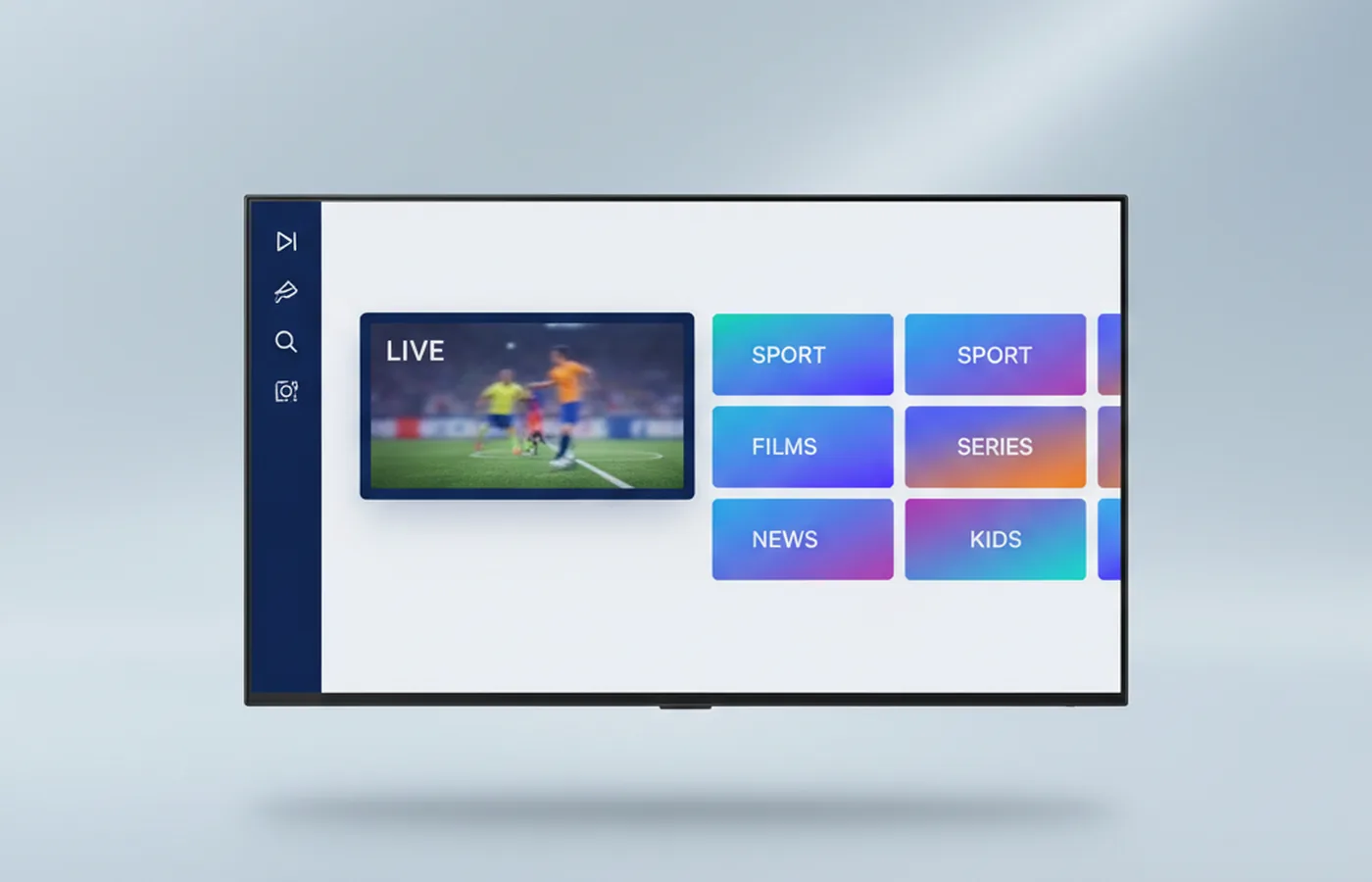 IPTV Helder IPTV app interface op een smart tv met live voetbal en categorieën voor sport films series nieuws en kinderen